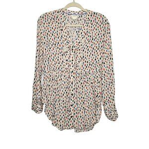 Maeve Womens Button-Down Blouse Polka Dot Heads Top Hat Print Roll Long Sleeve M